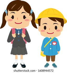 Illustrations of a girl in elementary school and a boy in kindergarten