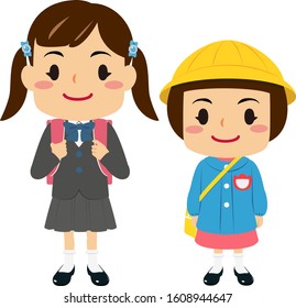 Illustrations of a girl in elementary school and a girl in kindergarten
