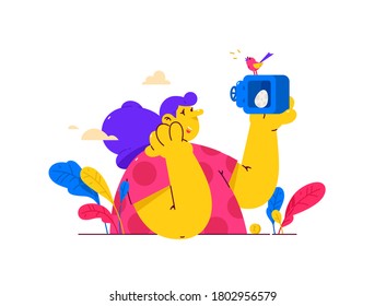 Illustrations of a girl with a safe and a bird. Vector. A metaphor about the preservation of the most valuable in bank cells. The egg is stored in a safe. Friendly characters.