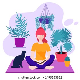 Illustrations of a girl sitting and reading a book. A young girl reads in greenhouse or home garden.