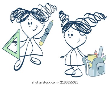 Illustrations with girls for school. With backpack and pencil.