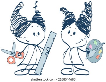 Illustrations with girls for school. With palette and scissors.