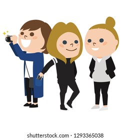 Illustrations of girls.A girl taking a picture.Young girls stealing.