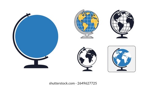 Ilustrações de globos mostrando localizações geográficas e mapas mundiais representando diferentes continentes e países