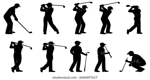 Illustrations of golfer silhouettes showcasing a variety of swings, stances, and gameplay postures, ideal for sports and recreation themed designs or golf-related projects