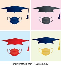 Illustrations of graduation caps and masks of different colors combined on flat backgrounds. Graduation, prevention and social distancing concept