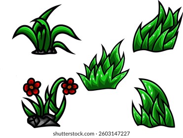 Illustrations of grass along with stones and flowers, for background or editing decoration purposes.