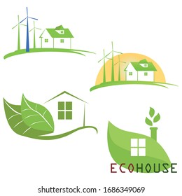 Illustrations of green ecohouse logo. Healthy living concept. 