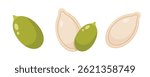 Illustrations of green pumpkin seeds and shells