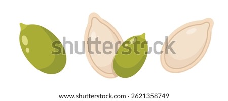 Illustrations of green pumpkin seeds and shells