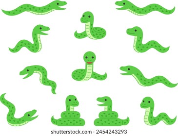 Illustrations of green snake characters in various poses