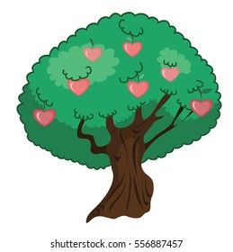 Illustrations of green tree decorated apple in the form of heart for Valentines day