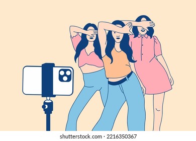 Illustrations Group of Beautiful influencer girls happy recording dancing video with smartphone for challenge