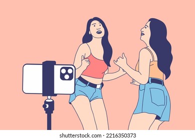 Illustrations Group of Beautiful influencer girls happy recording dancing video with smartphone for challenge