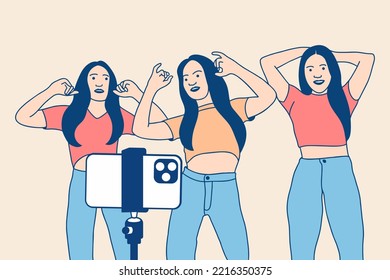 Illustrations Group of Beautiful influencer girls happy recording dancing video with smartphone for challenge