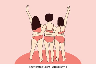 Illustrations Group of plus size happy girls wearing swimwear