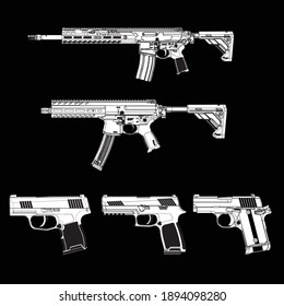 Illustrations of guns of various sizes, black background