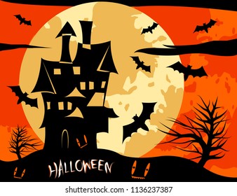 Illustrations for Halloween , The big house has bats flying around.