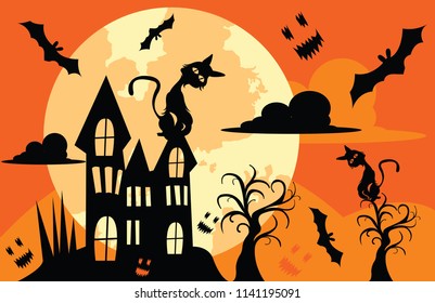 Illustrations for Halloween , The big house has bats flying around.
