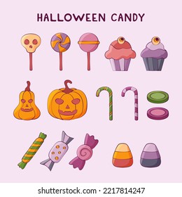 Illustrations of Halloween candy collections. Cute character and main color is purple. Perfect for merchandise, book cover, T-shirt design and attribute with theme of Halloween.