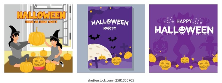 Illustrations for Halloween decorations showcasing pumpkin carving activities, spooky scenes, and holiday party invitations. Vibrant colors and playful designs set a festive tone. Halloween concept.