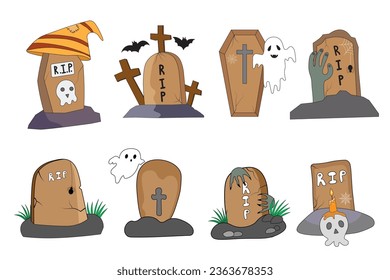 Illustrations of Halloween elements and objects, including graves, skulls, candles, bats, and witch hats.