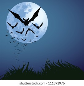 illustrations of Halloween night with bats flying over blue moon