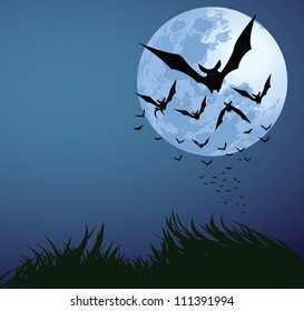 illustrations of Halloween night with bats flying over blue moon