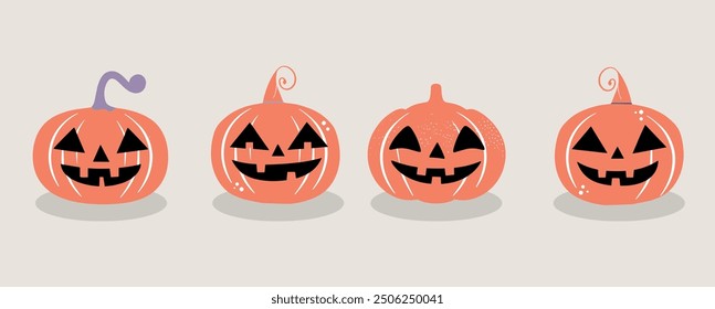 Illustrations of Halloween pumpkins with various facial expressions in vector style. The pumpkins include carved details, featuring malicious grins and spooky faces, ideal for Halloween festivities