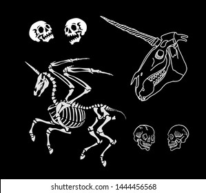 Illustrations for Halloween. Skeleton of a pegasus unicorn and a skull.