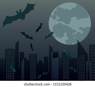 Illustrations for Halloween There are moon and bats flying in the city at night.