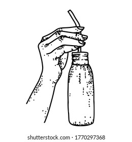 Illustrations of hand holds a bottle with a drink and a straw. Hand's Element logo designs.