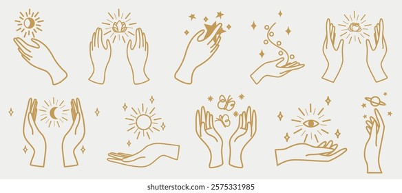 Illustrations of hands holding celestial symbols like sun, moon, stars, and planets. Hands and celestial symbols in various mystical, magical poses. Aesthetic spirituality vector illustration set.