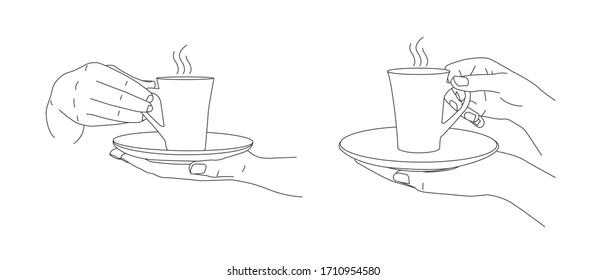 illustrations of hands holding cup of coffee or mug with tea with hot steam, line set of graphic in two positions, isolated
