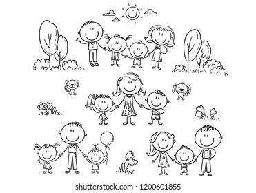 Illustrations happy cartoon families