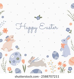 Illustrations of Happy Easter with bunnies, eggs, daffodils, and flowers on a white background