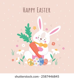 Illustrations of Happy Easter with a bunny a carrot and flowers on a beige background
