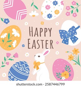 Illustrations of Happy Easter with a bunny eggs and flowers on a beige background