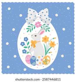 Illustrations of Happy Easter with a bunny flowers inside an egg with a bow on a blue background
