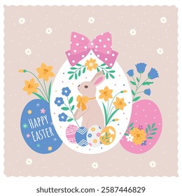 Illustrations of Happy Easter with a bunny flowers inside an egg with a bow on a beige background