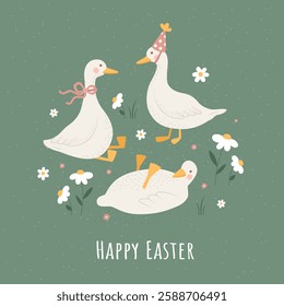 Illustrations of Happy Easter with geese, daisies, and flowers on a green background