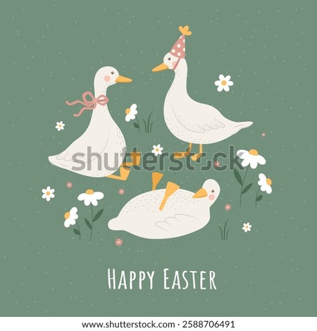 Illustrations of Happy Easter with geese, daisies, and flowers on a green background