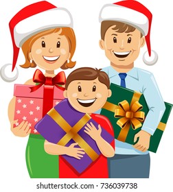illustrations of happy family with Christmas gifts