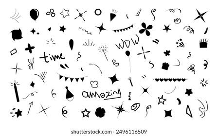 The illustrations have elements of doodles, stars, sparkles, hearts, decorations, frames, speech bubbles, arrows. party elements.
