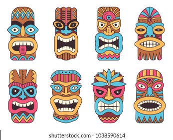 Illustrations of hawaiian tiki god. Tribal totem mask, totem tribal colored face vector