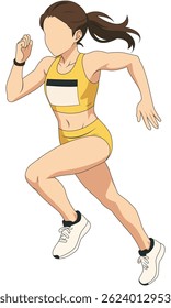 Illustrations of healthy lifestyle. Women doing running activity. Athlete character in motion. Female athlete sprinting. Flat vector illustrations girl jogging with sneaker and yellow outfit.