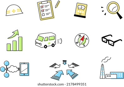 Illustrations of helmets, checklists, voltage machines, magnifying glass, graphs, trucks, compasses, glasses, data clouds, power plants