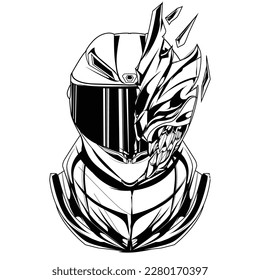 Illustrations of helmets and riders combine with demonic or scary things