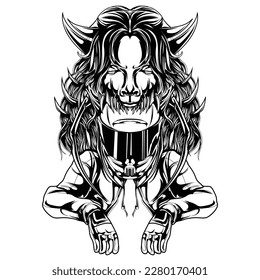 Illustrations of helmets and riders combine with demonic or scary things