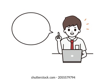 Illustrations of high school boys and junior high school students in uniforms explaining with a smile in front of a computer